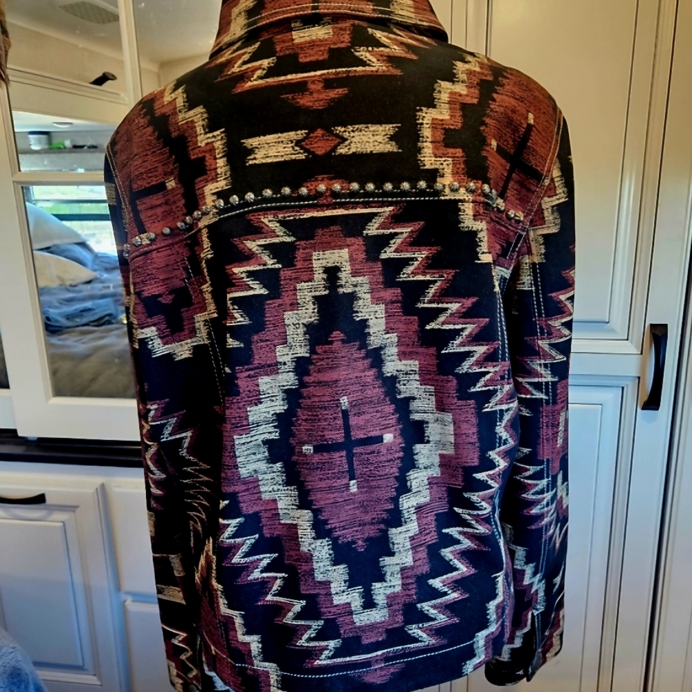 Double D Ranch Firemaker Black and Brown Geometric Leather Jacket - Picture 4 of 11